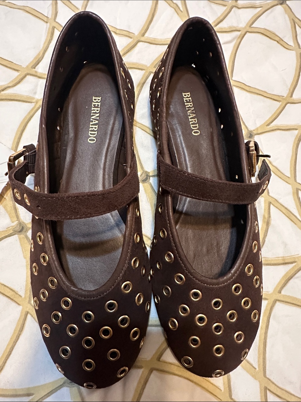 Bernardo Chocolate Brown Suede Mary Jane Flats with Gold Eyelets